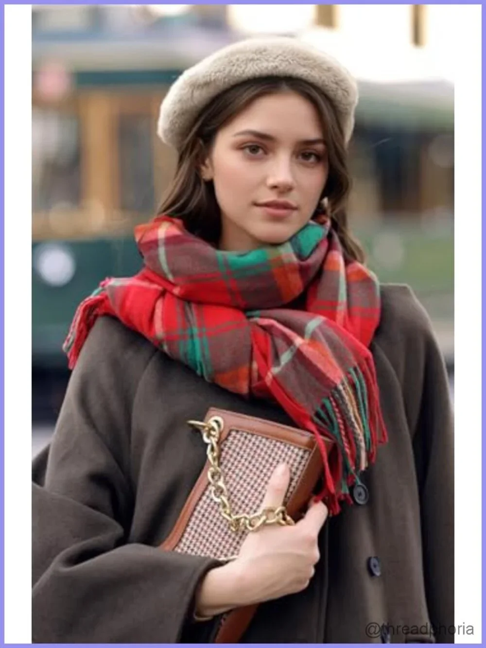 Cashmere Feel Plaid Scarf for Women Oversized Winter Wrap with Tassels